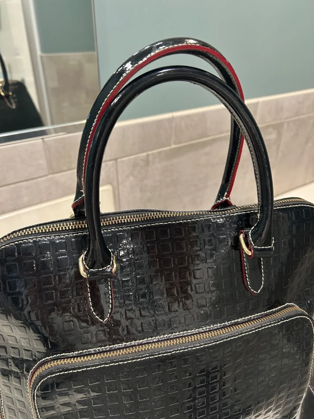 Quiet luxury Arcadia Italy black patent leather satchel work bag